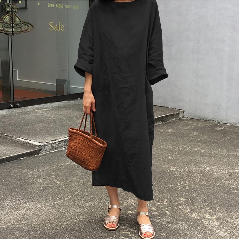 Women O-neck Long Sleeve Dress Korean Fashion Loose Cotton Long Dress Buy  cheaply on Joom