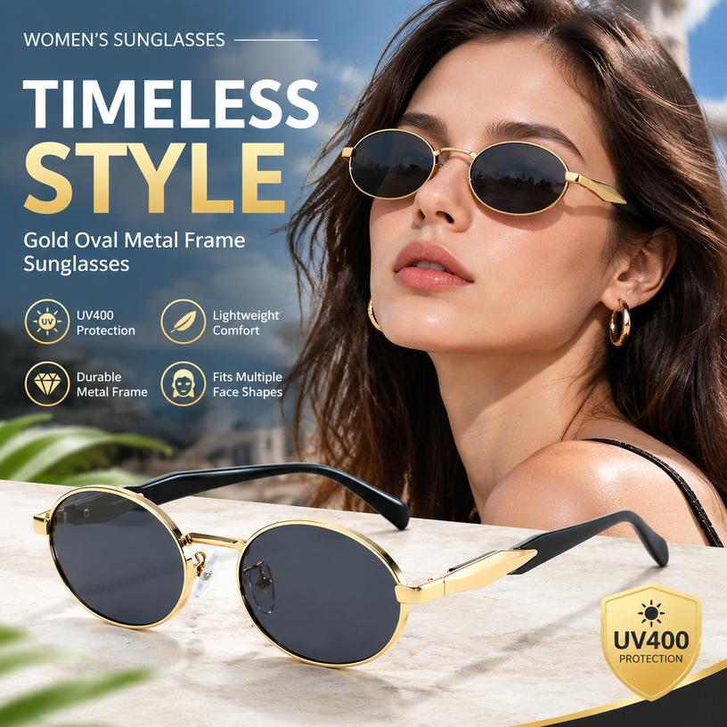 Women's Oval Metal Frame Sunglasses UV400 Full-Rim Street Style