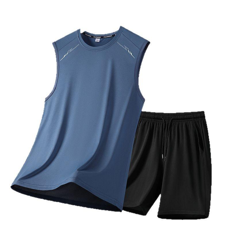 Summer Ice Silk Suit Men's Sleeveless T-Shirt Vest Trendy Brand Large Size Casual Sports Quick-Drying Five-Piece Pants Two-piece Set