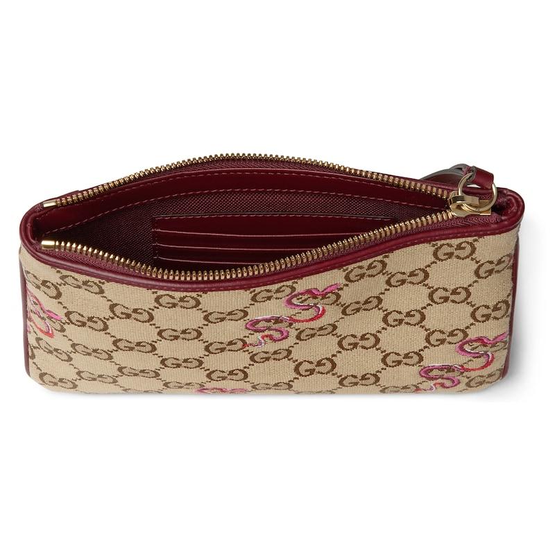 Gucci GG Supreme Canvas Snake Embroidered Wristlet Pouch With Leather Trim For Unisex Daily Use