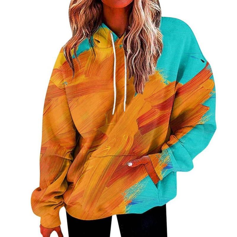 Womens Oversized Hooded Sweatshirt With 3D Print Graphic Loose Fit Long Sleeve Casual Top In Vintage Tie-Dye Style