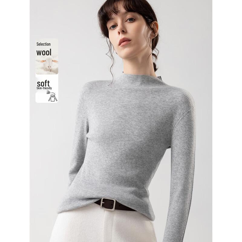 ELLE Women s Gray High-Neck Merino Wool Knit Sweater L