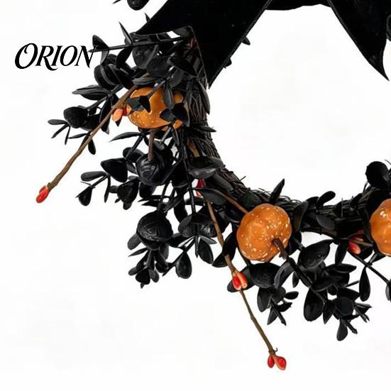 Black Halloween Wreath for Front Door, 9 Inch Pumpkin with Hanging Velvet Bow Home Porch Holiday Party Window Wall Decor Backdrop