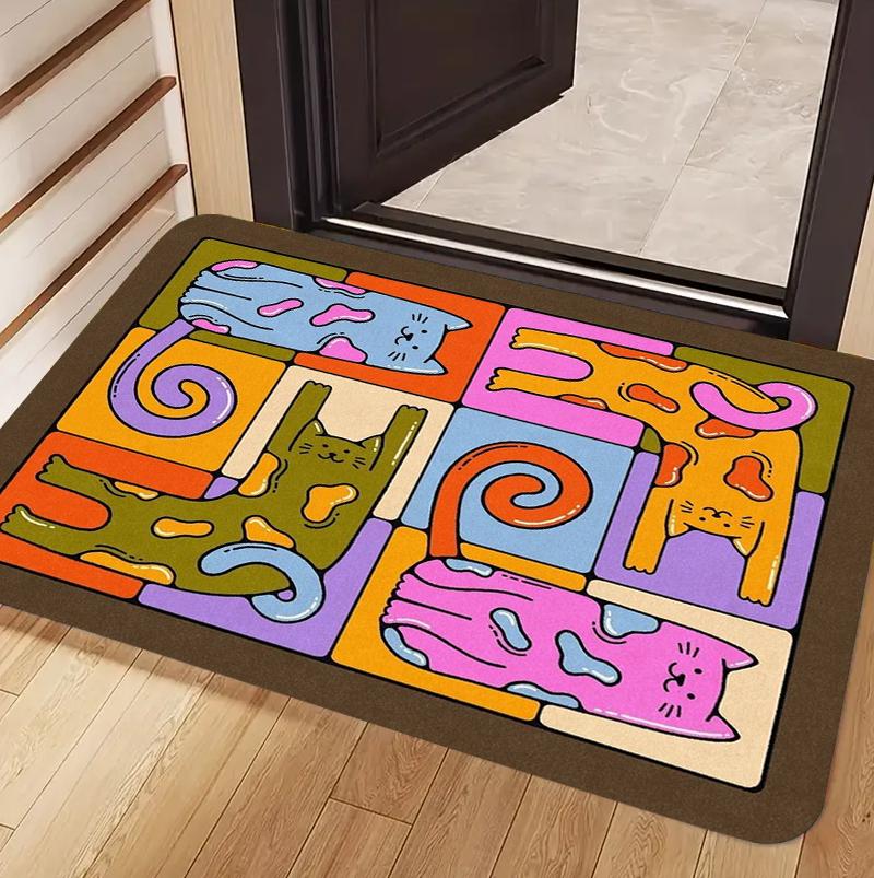 Cute Cartoon Cat Doormat Colorful Animal Print Non Slip Absorbent Entryway Floor Mat for Front Door Living Room Home Decor