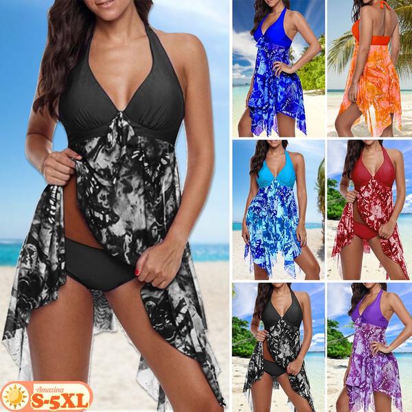 

Женский сексуальный принт Бикини Две части Halter Асимметричный подол Купальник Tankini Набор Мягкая пляжная одеждаS-5XL