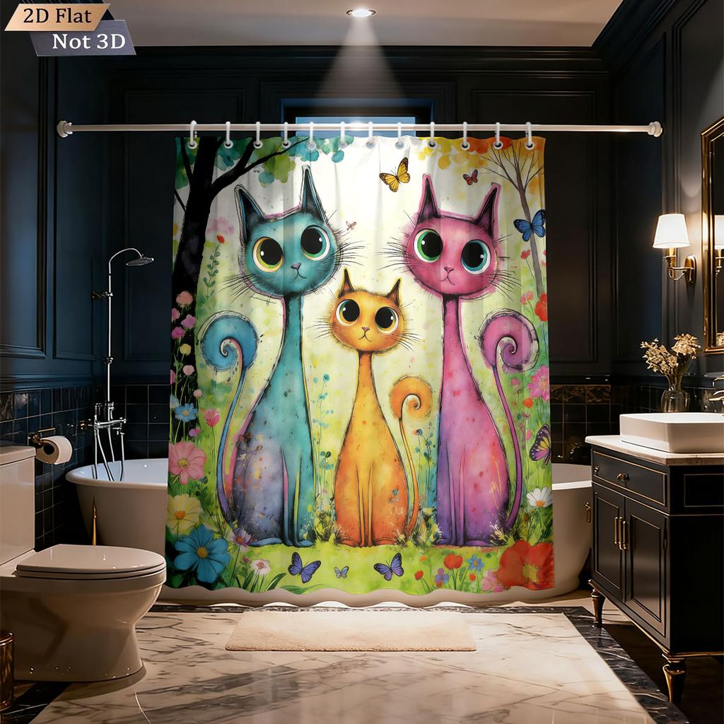 1Pc Color Cartoon Cat Print Waterproof Shower Curtain Partition Privacy Hanging Curtain, With 12 Hooks, Multiple Sizes