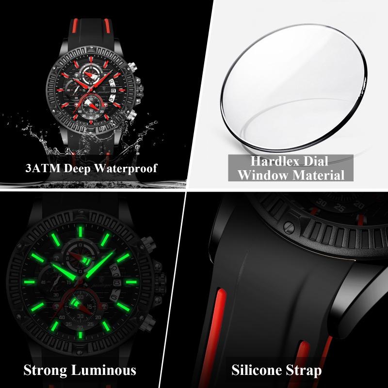 POEDAGAR Sports Men Watches Waterproof Luminous Chronograph Date Military Watch Silicone Strap Quartz Wristwatch Reloj