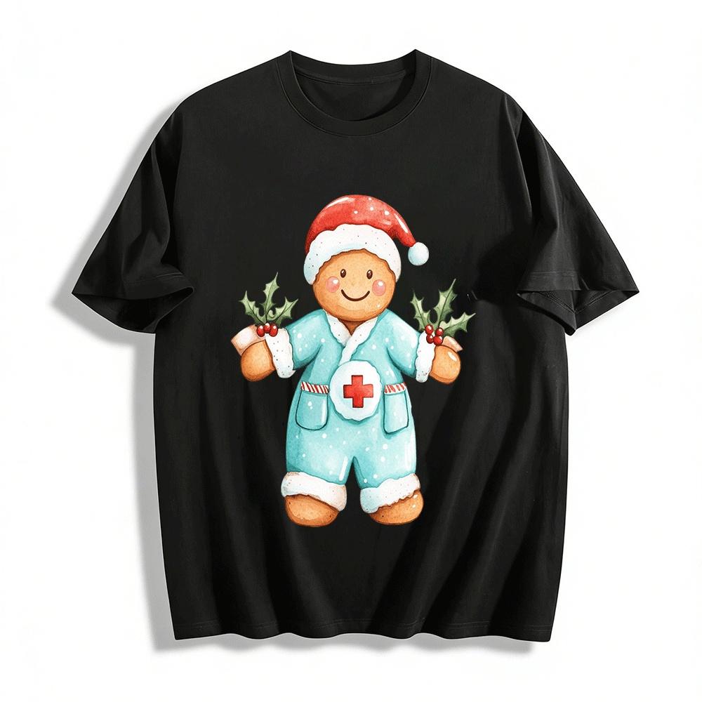 Christmas Medical Gingerbread Man Print Casual Top Pure cotton T-shirt XXS