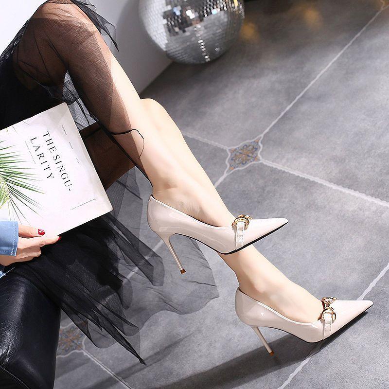 Niche design sense pointed high heels women's 2025 autumn temperament socialite sexy light mouth metal buckle stiletto shoes