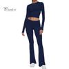 2 Pcs/Set Women Top Pants Suit Skinny High Waist O Neck Long Sleeves Pure Color Stretchy Soft Breathable Yoga Bell Bottoms T-shirt Set Spring Summer