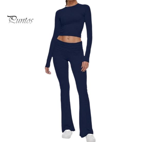 2 Pcs/Set Women Top Pants Suit Skinny High Waist O Neck Long Sleeves Pure Color Stretchy Soft Breathable Yoga Bell Bottoms T-shirt Set Spring Summer