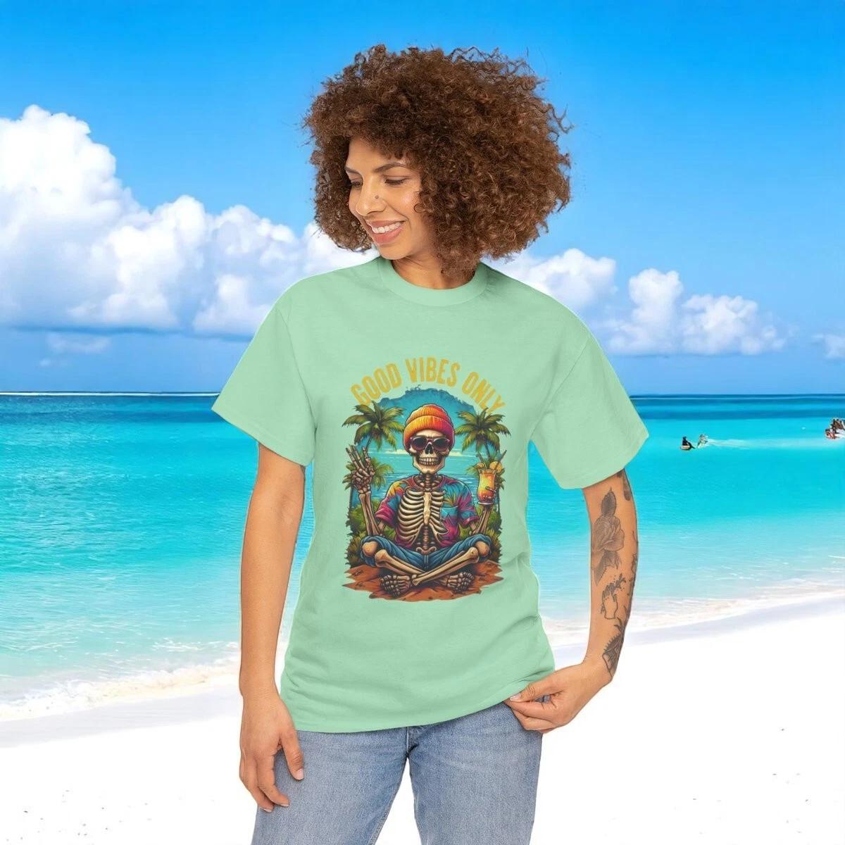Skeleton Relaxing Tee Halloween Shirt Unisex Cotton Tshirt Vacation Summer Beach M