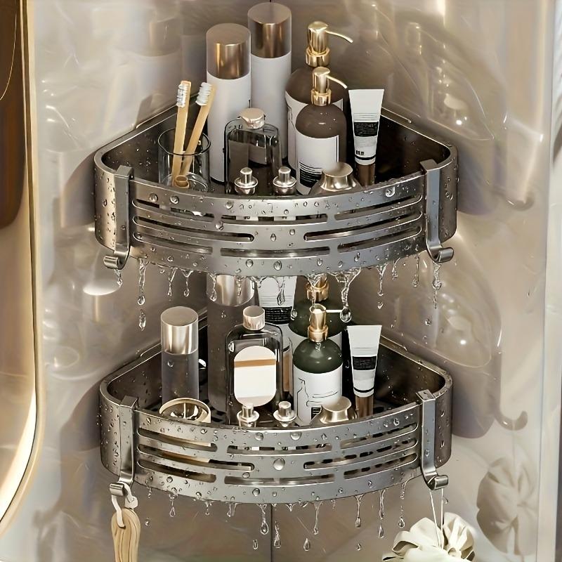 

2pcs No-Drill Corner Shower Shelf - Heavy-Duty Angle Wall-Mounted Bathroom Organizer with Triangular Curved Shelves сірий