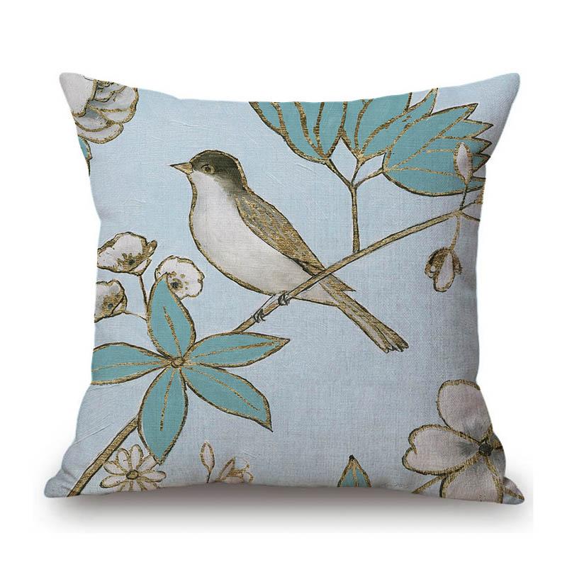 Lovely Blue Flower Bird Home Decoration Art Cotton Linen Sofa Chair Seat Throw Pillow Case Nordic Elegant Cushion Cover