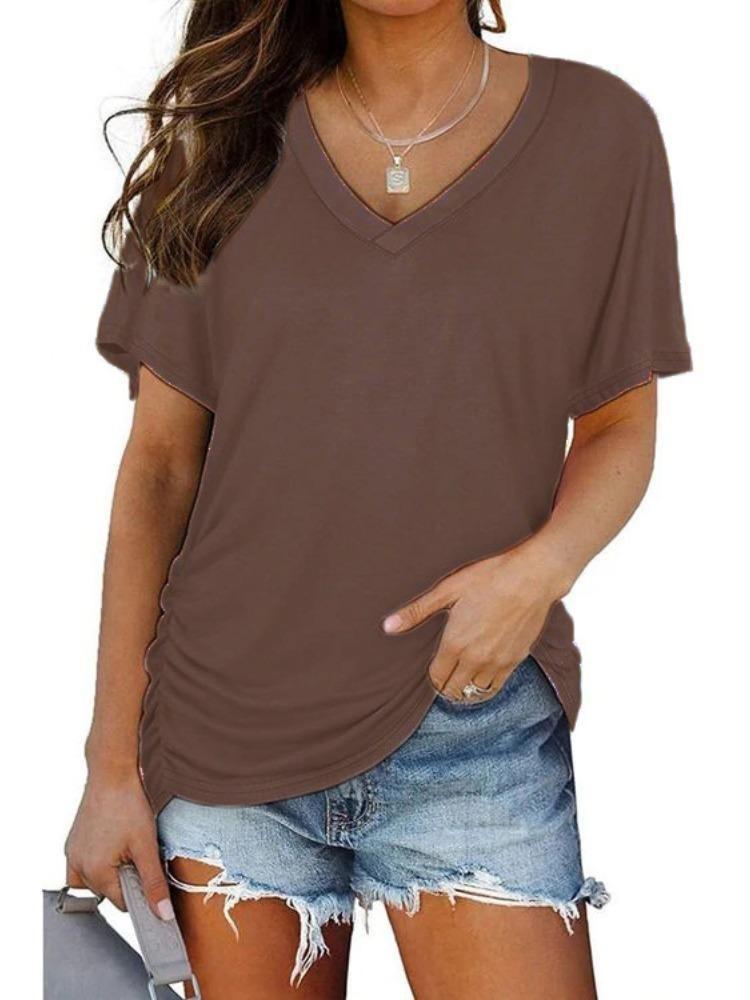 Damen Freizeit Kurzarm Einfarbig V-Ausschnitt T-Shirt Sommer Oberteil Kleidung