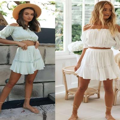 Summer Two Piece Sets Women Bohemian Casual Beach Skirts 2Pcs Sets Lace Off Shoulder Crop Tops and Short Pleated Skirt