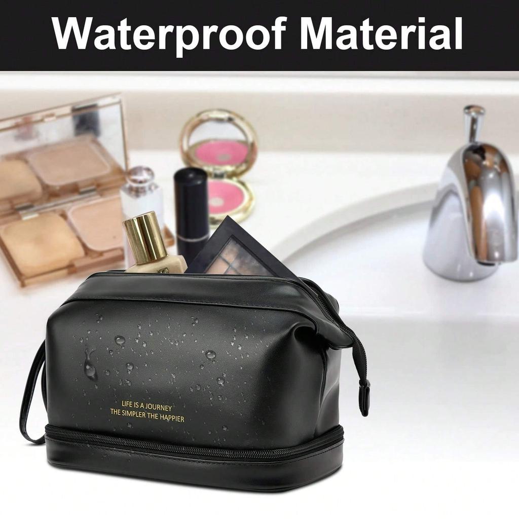 Travel Large Double Layer Cosmetic Bag Waterproof Leather Makeup Bag Women Girls Portable Toiletry Bag Make Up Storage Organizer