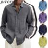Four-Season Long-Sleeve Loose-Fit Button-Down Cotton-Linen Blend Cardigan Shirt for Men
