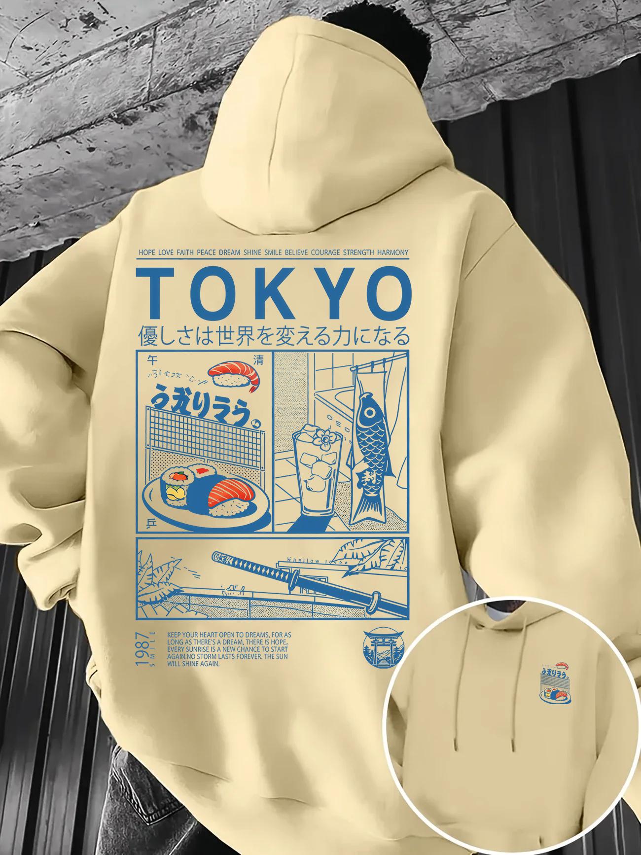 City‑tokyo Herren Hoodie Vorne Kleines Sushi-Grafikmotiv, Hinten Übergroßer Retro-Panel-Grafikpullover im Japanischen Stil Für Weiche Entspannte Lässige Streetwear XL beige