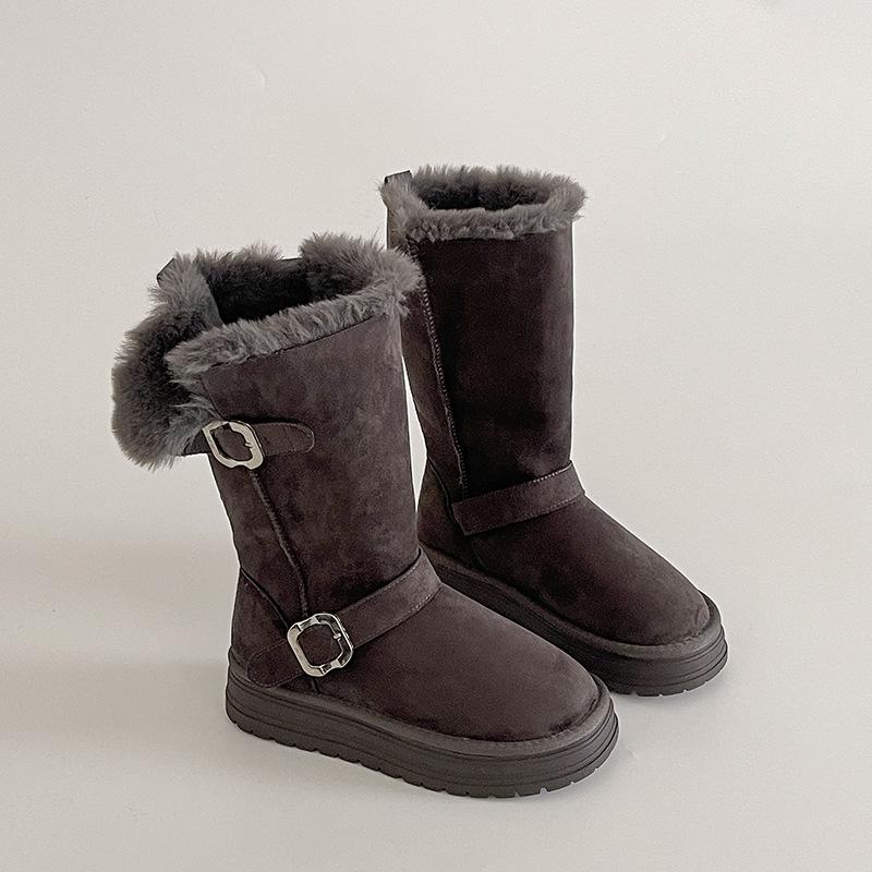 Design sense with skirt round head thick sole belt buckle Martin boots winter fashion retro velvet warm flat bottom snow boots