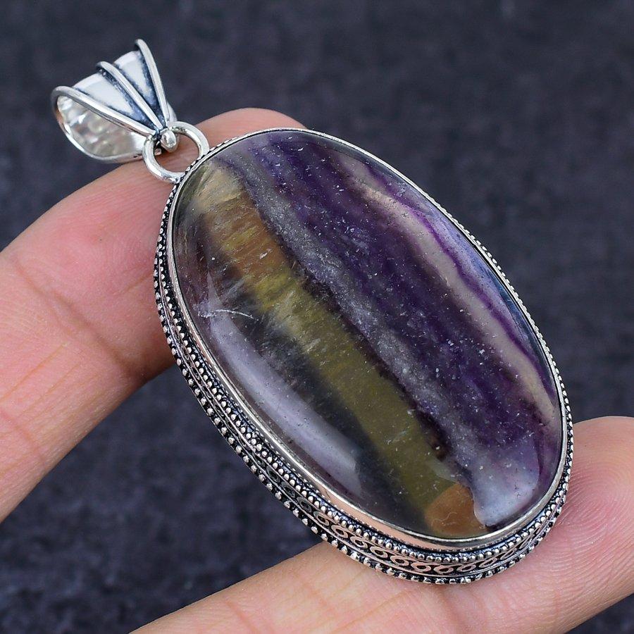 Fluorite Gemstone Handmade 925 Sterling Silver Jewelry Pendant 2.56" R1v09