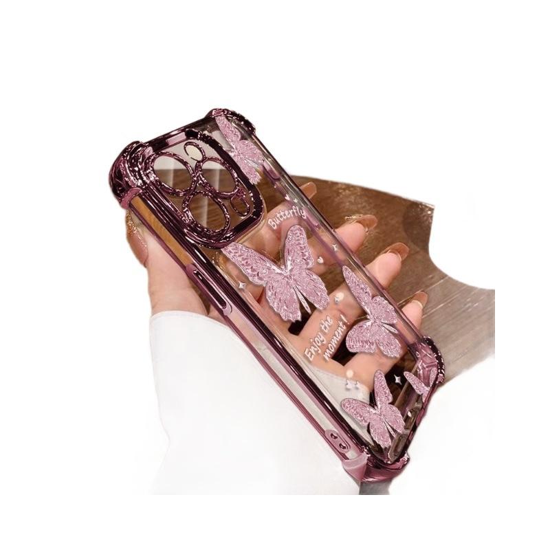 Pink butterfly plating for mobile phone case Apple 17promax soft case 16/15/14 four corners airbag Internet celebrity the same