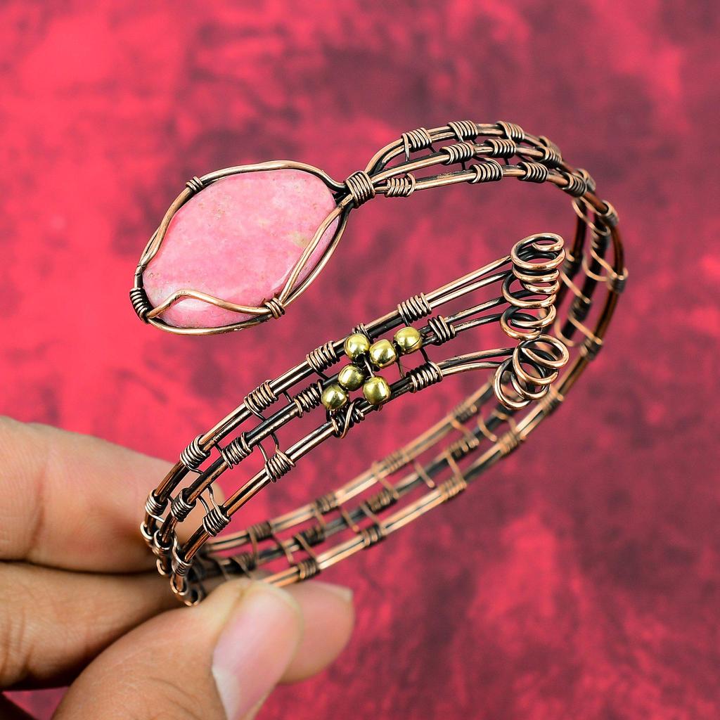 Thulite Cuff Bracelet Copper Wire Wrapped Bangle Gemstone Jewelry Adjustable Cuff Bracelet Handmade Bangle Copper Wire Jewelry Gifts For Him
