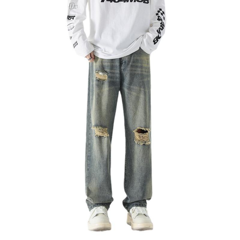 Men's Cotton Spting Summer Ripped Jeans Casual Pants Trousers Vintage Wide Leg Denim Pants Jeans For Men Fashion Clothing Streetwear