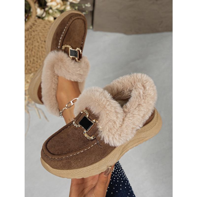 Winter New Metal Buckle Fleece Cotton Shoes Women's 2025 Plus-size Thick-soled Warm Fur Sneakers