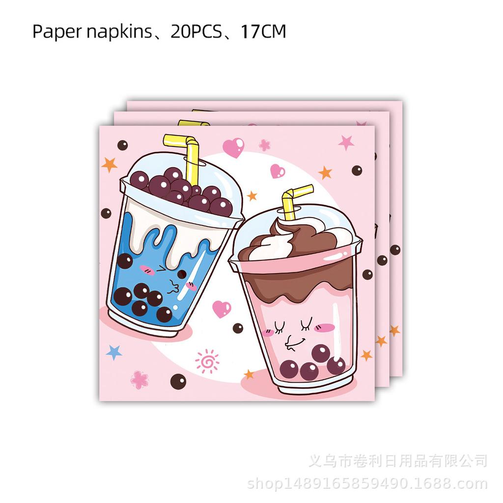 Customized Milk Tea Theme Party Decorations, Disposable Paper Plates, Paper Cups, Paper Towels, Tablecloths, Tableware Sets