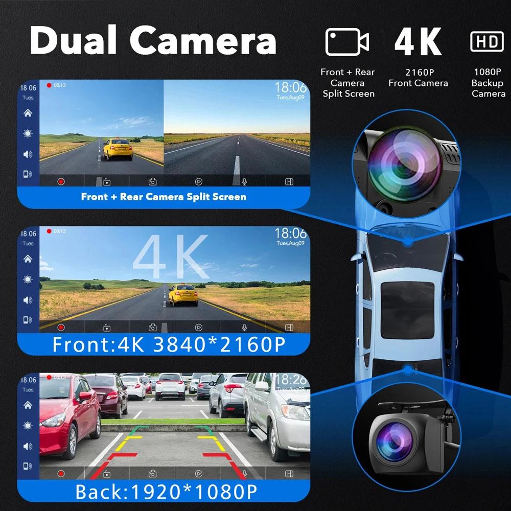 DVR de Coche de 10.26 Pulgadas 4K 3840*2160P Carplay Android-Auto Cámara de Salpicadero Cabina GPS 5G WIFI FM BT Cámara de Doble Lente Dashcam Grabación de Conducción