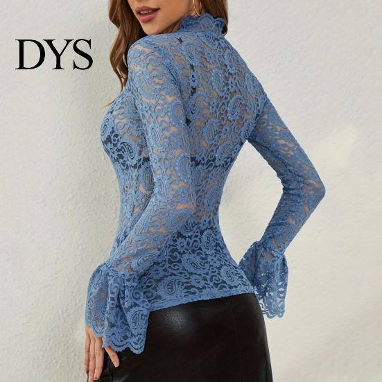 Camicie da Donna Casual Top Collo Alto Manica Lunga Svasata Vestibilità Aderente Camicia Colore Unico Trasparente Ricamo Intrecciato Motivo Floreale Camicette