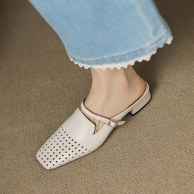 Fashion 2025 Summer Women Shoes Genuine Leather Square Toe Women Sandals Hollow Out Breathable Sandals for Women Chunky Heel Mules Shoes