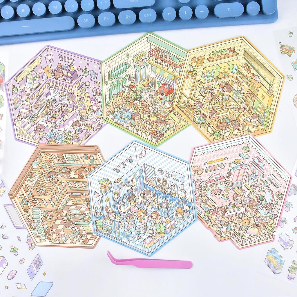 Set of 6 3D House Scene Stickers DIY Miniature House Craft Kit for Kids and Perfect for Killing Time (with tweezers) - Adults, (Style 3)