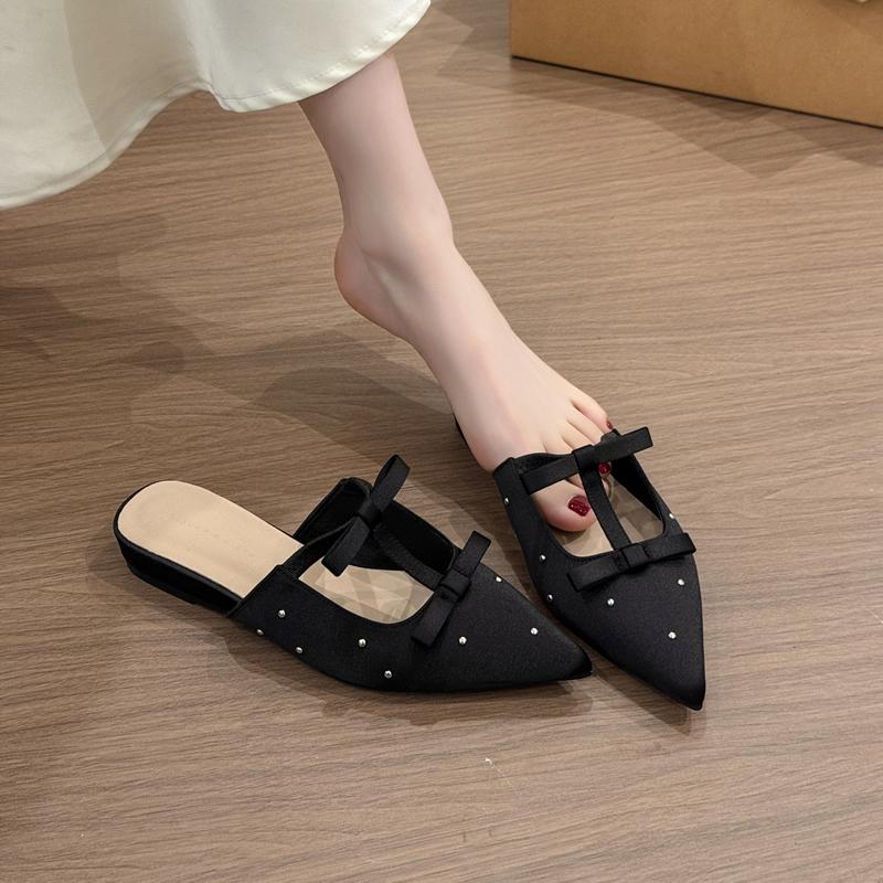 

French Pointed Toe Rhinestone Head Half Slippers Women s Spring Summer New Ladies Elegance Butterfly Knot Skirt Slippers Women 35 чорний