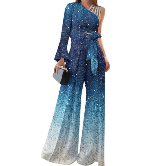 Breathable Bandage 2pcsset Noble Trendy Bowknot Glitter Trim Elegant Women Outfit Blouse Pants Set