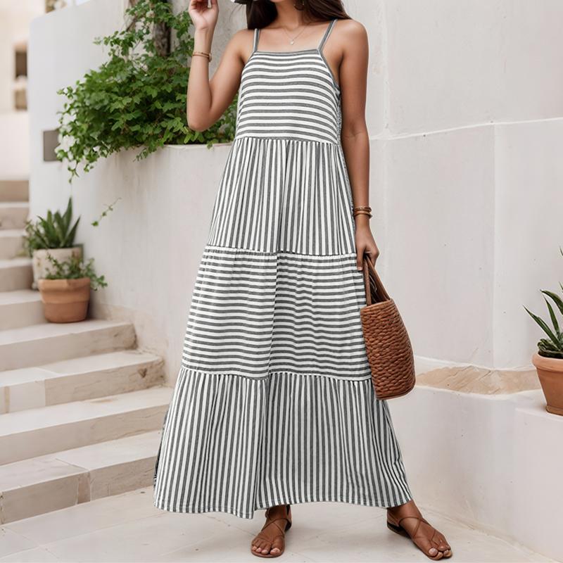 

ZANZEA Women Holiday Summer Casual Straps Sleeveless Stripe Print Slip Dress M чёрный