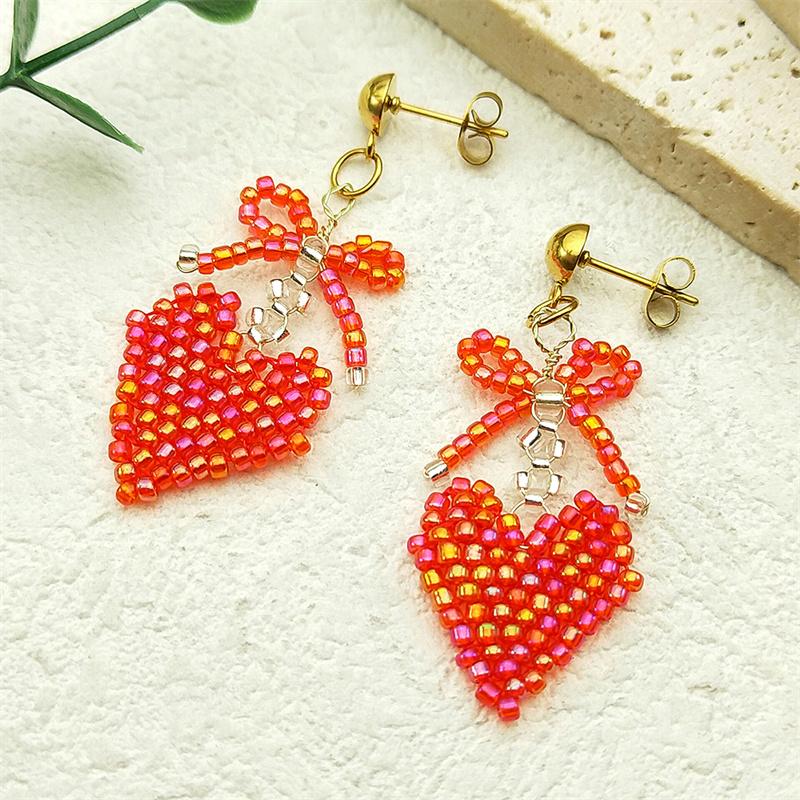 Red Heart Bowknot Love Pendant Earrings Women Stainless Steel Hand Woven Beads Female Party Wedding Drop Earring Jewelry