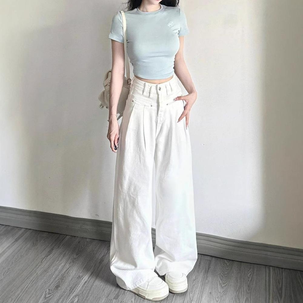 Comfortable Wide-legged Folded White High-waisted Jeans Women Loose Casual Versatile Skinny Straight Trousers Jeans for Women Long Denim Pants