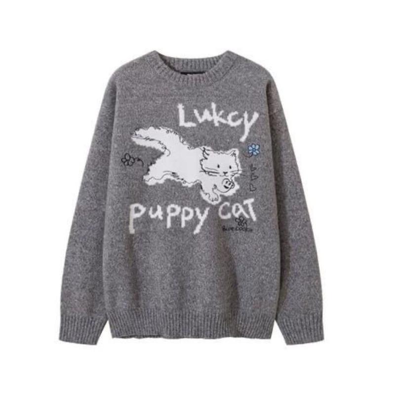 

Женский милый серый свитер с жаккардовым узором «котята», корейский свободный свитер с круглым вырезом, женские вязаные свитера, осенний универсальный удобный женский пуловер Onesize серый