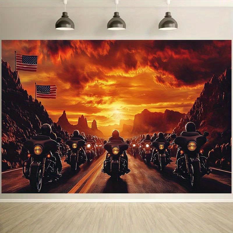 2D plane, 1 motorcycle-themed, sunset rock landscape pattern, suitable for adventure parties or trips