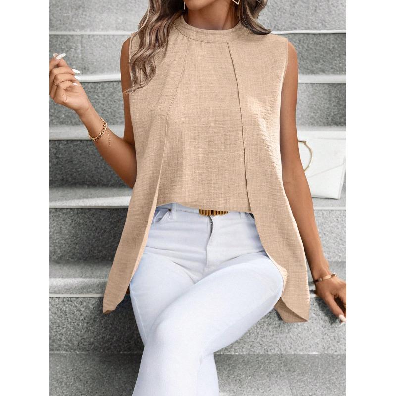 Sleeveless Women Loose Irregular Shirts Elegant Fashion Summer Blouse Solid Color Sweet Simple Office Long Tops Streetwear Casual Simple Clothing