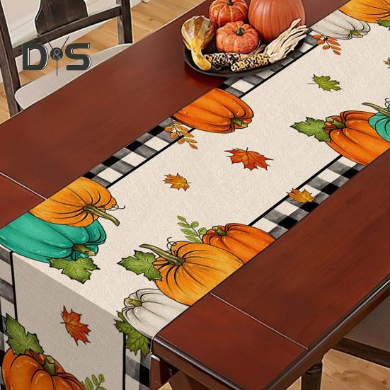 Thanksgiving Party Table Runner Pumpkin Sunflower Print Stain-Proof Reusable Table Protection Decoration Hotel Prom Banquet Table Runner