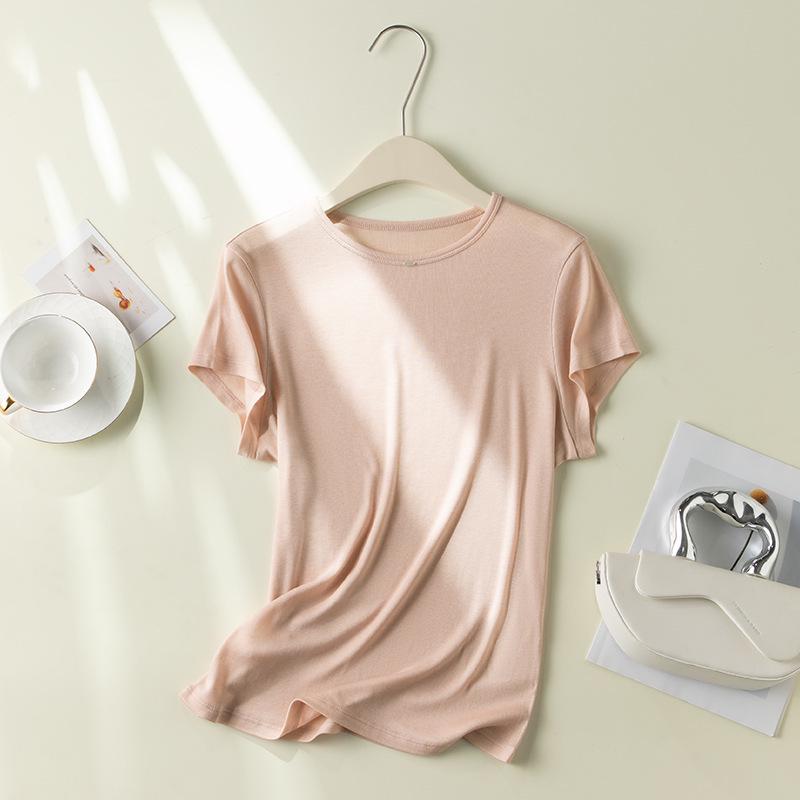 2026 Hangzhou Silk Lyocell Short Sleeve Women's Close-Fitting Round Neck T-shirt