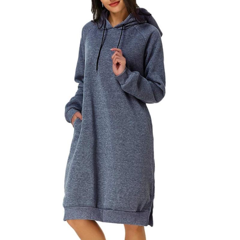 GMXIA Autumn and Winter Hooded Pocket Dress Bottom Shirt Mid-Length Sweatshirt Women's Clothing