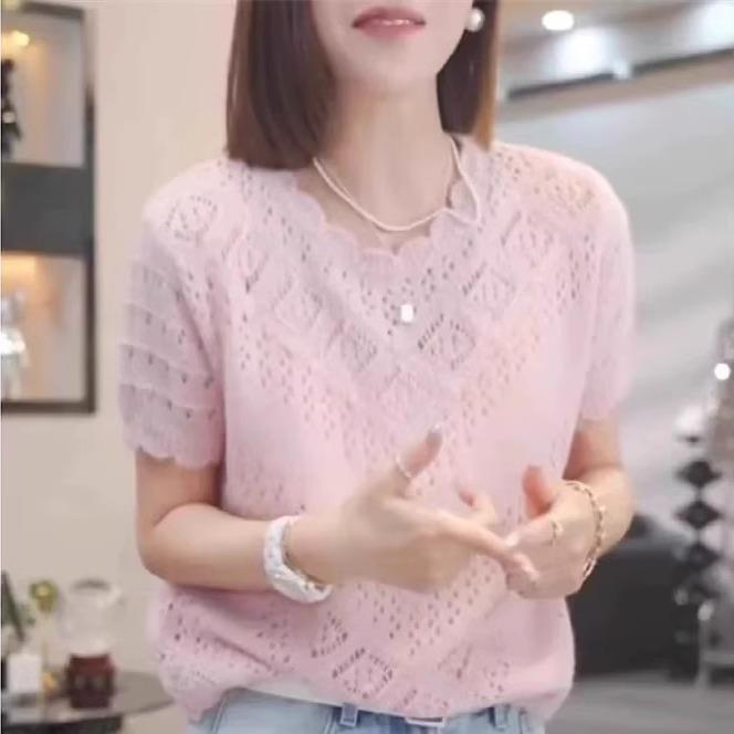 Spring Summer Hook and Flower Hollow Short Sleeved Knitted Sweater T-shirt for Women Round Neck Thin Loose Top