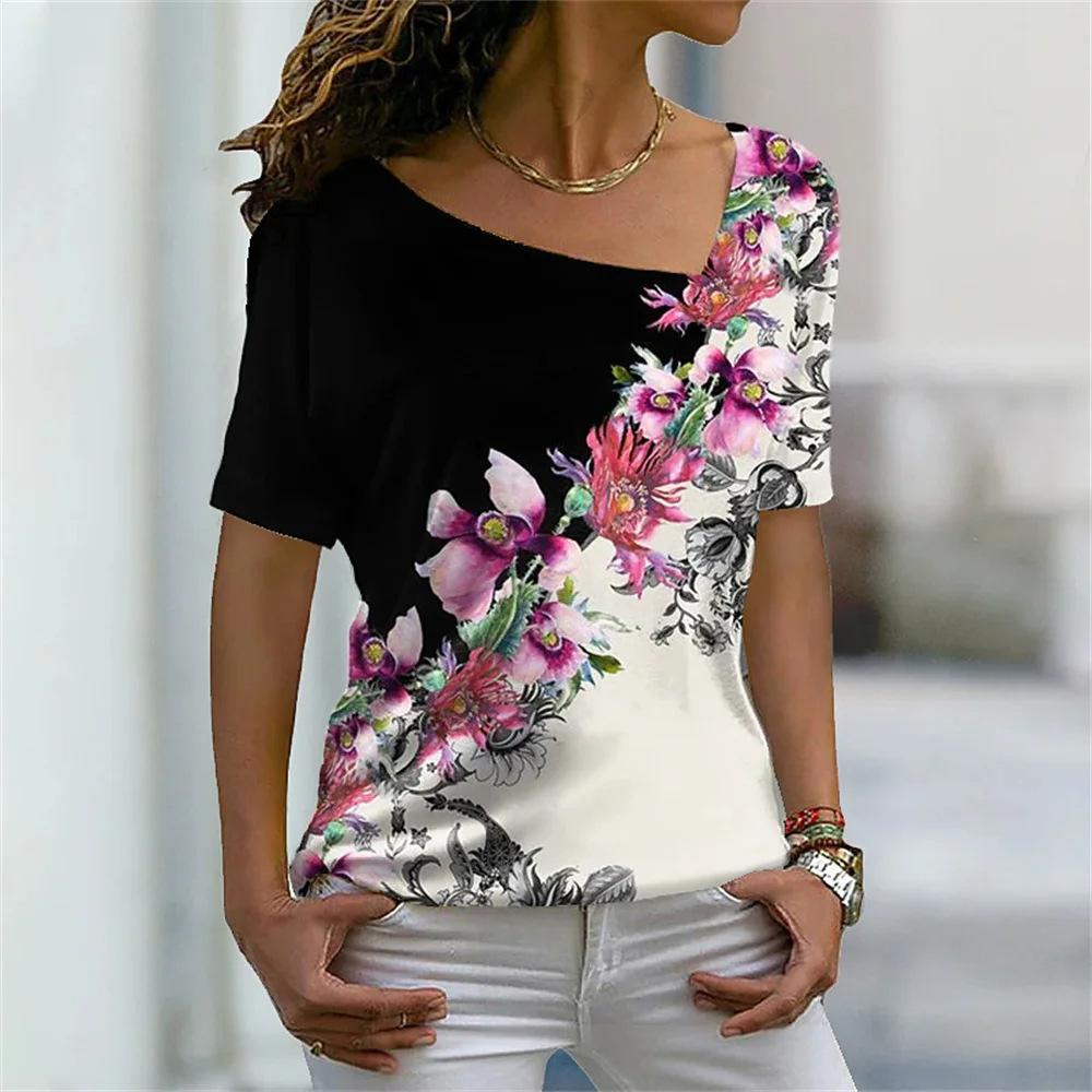 Women's Short Sleeved T-shirt with Slanted Neckline Pattern and Digital 3D Printed Women's T-shirts