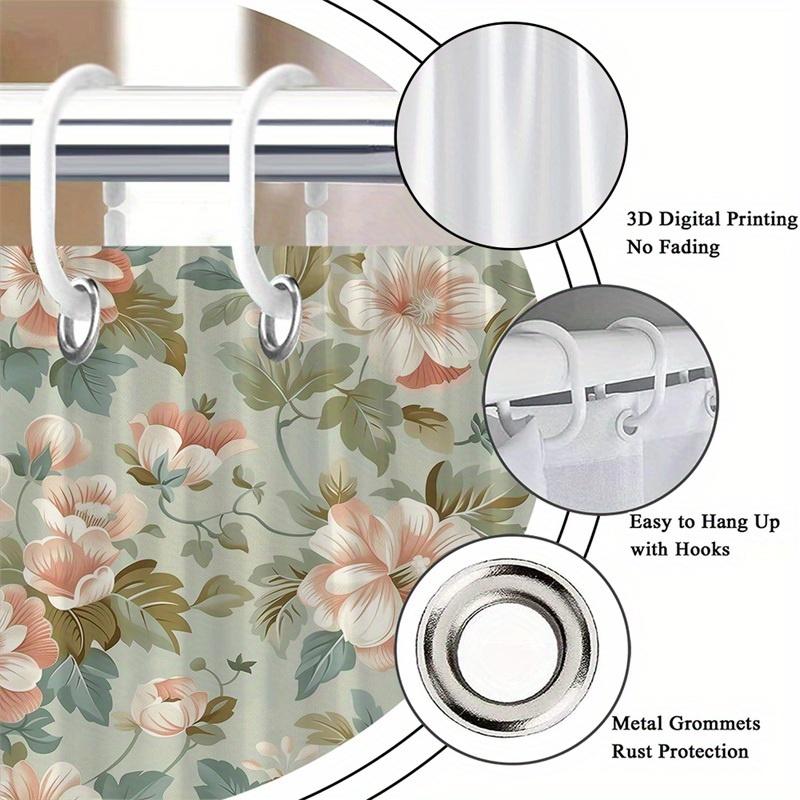 1Pc Vintage Peony Flower Pattern Shower Curtain, Machine Washable Polyester With Hooks, Suitable For Bathroom Decoration