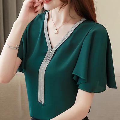 Neue Mode 2023 Sommer Kurzarm V-ausschnitt Chiffon Bluse Shirt Frauen Tops J309
