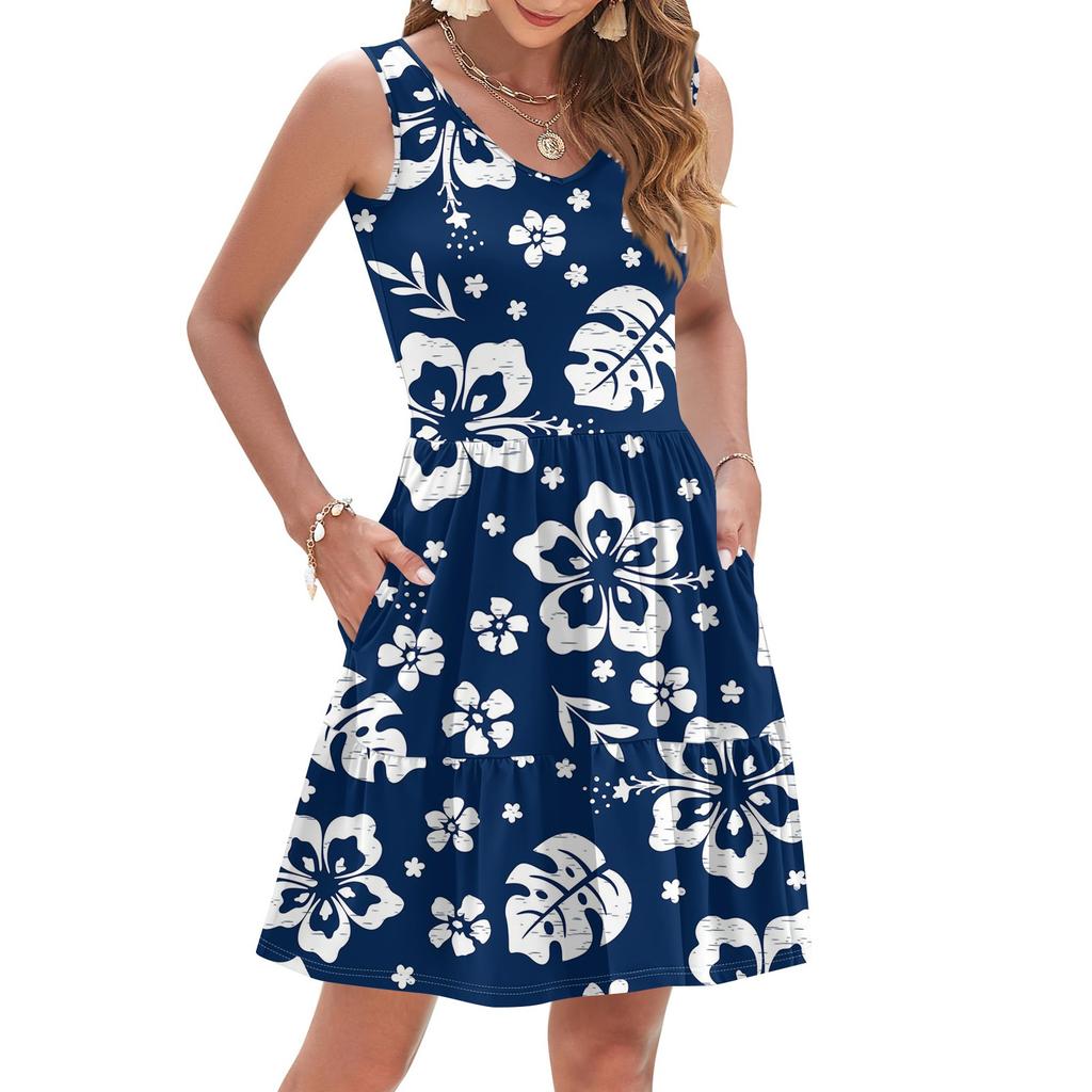 Women's Summer Fashion Casual V-Neck Pleated Stitching Hawaiian Floral Print Sleeveless Pocket Vest Dress
